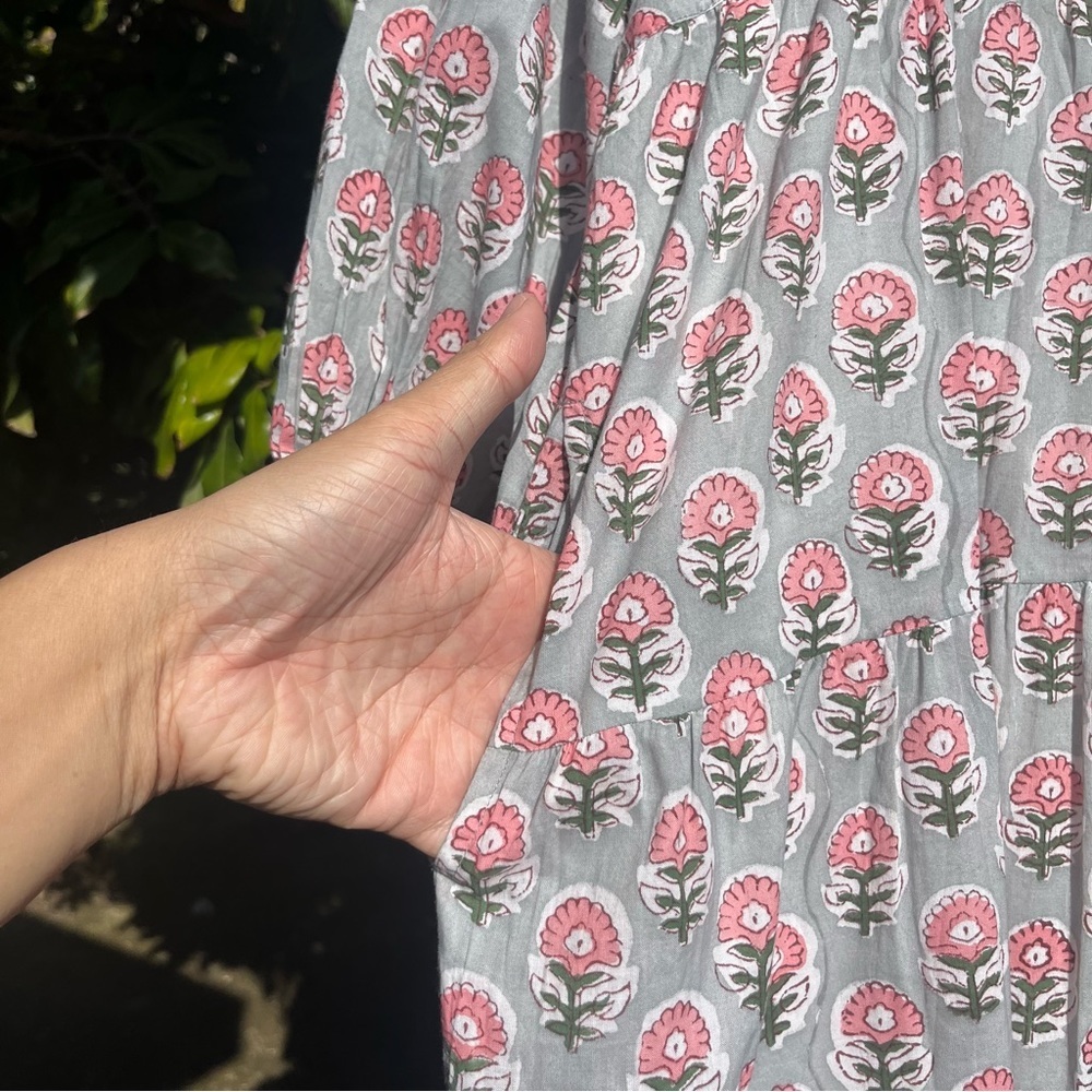 MAREA green pink floral border print cotton puff sleeve tiered mini dress - Picture 3 of 9